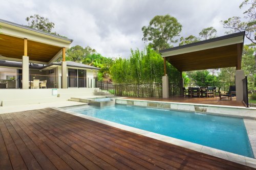 Modern backyard with entertaining area and pool in stylish Australian home